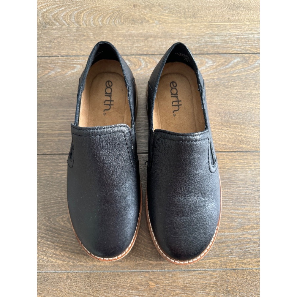 Earth Origins Etpria Black Leather Slip On Loafers Women 5M Cork Comfort Shoes